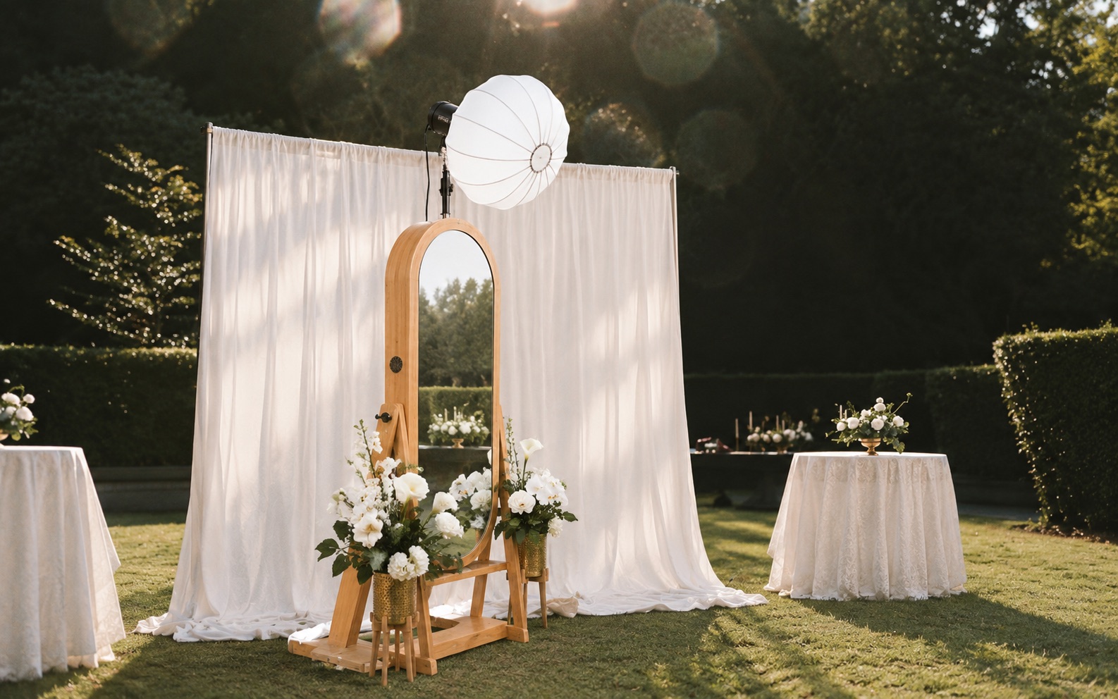 Tingkap Photo's mirror photobooth styled outdoors at golden hour, dressed with white florals and drapery