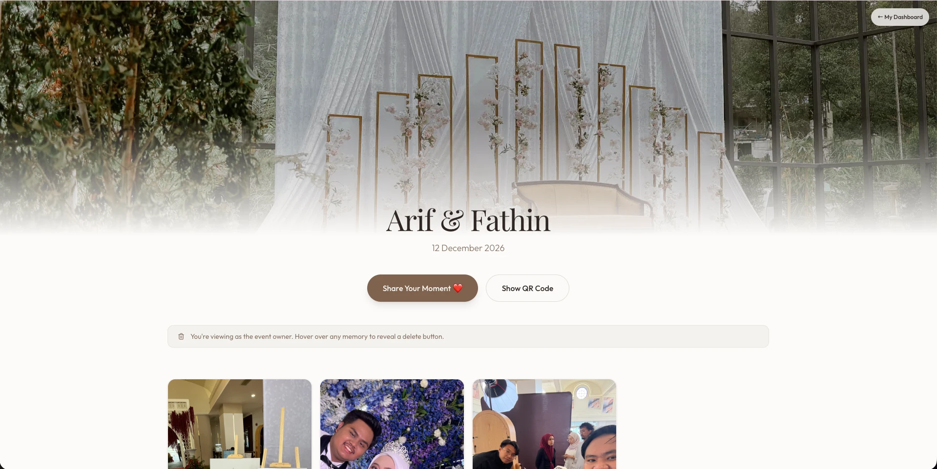 A couple's live Jendela gallery — cover photo, names, and shared guest photos